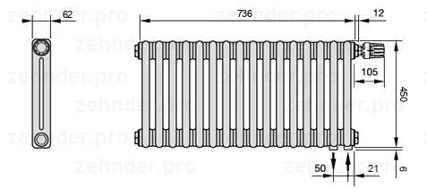 Схема (чертеж) Радиатор Zehnder Charleston 2045/16 №V002 Белый глянцевый RAL 9016